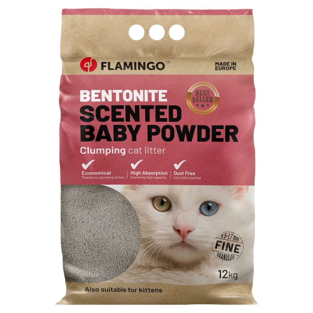 Flamingo Bentonite Scented Baby Powder arena aglomerante para gatos - 2 x 12 kg - Pack Ahorro - Image 1