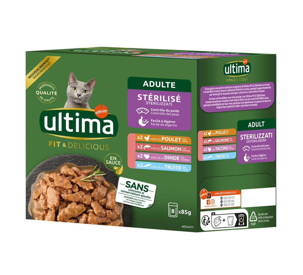 Ultima Cat Sterilised 48 x 85 g - Pack Ahorro - Mix I (pollo, pavo, salmón, trucha) - Image 1