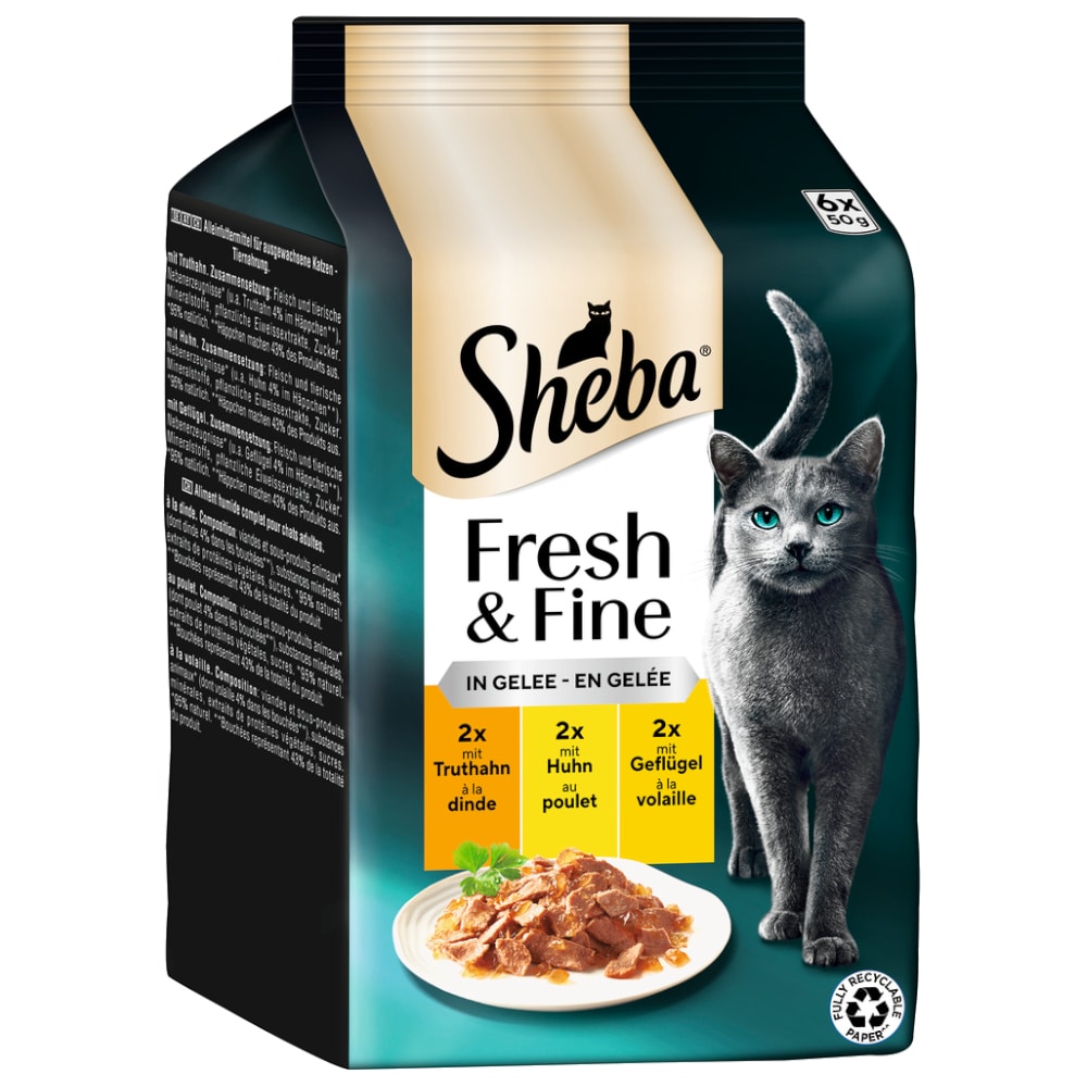 Sheba Fresh & Fine en bolsitas 72 x 50 g - Megapack Ahorro - Pavo, pollo y ave en gelatina - Image 1