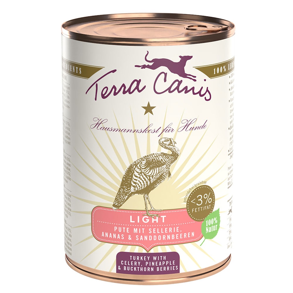 Terra Canis Light 12 x 400 g - Pack Ahorro - Pavo con apio, piña y bayas de espino amarillo - Image 1