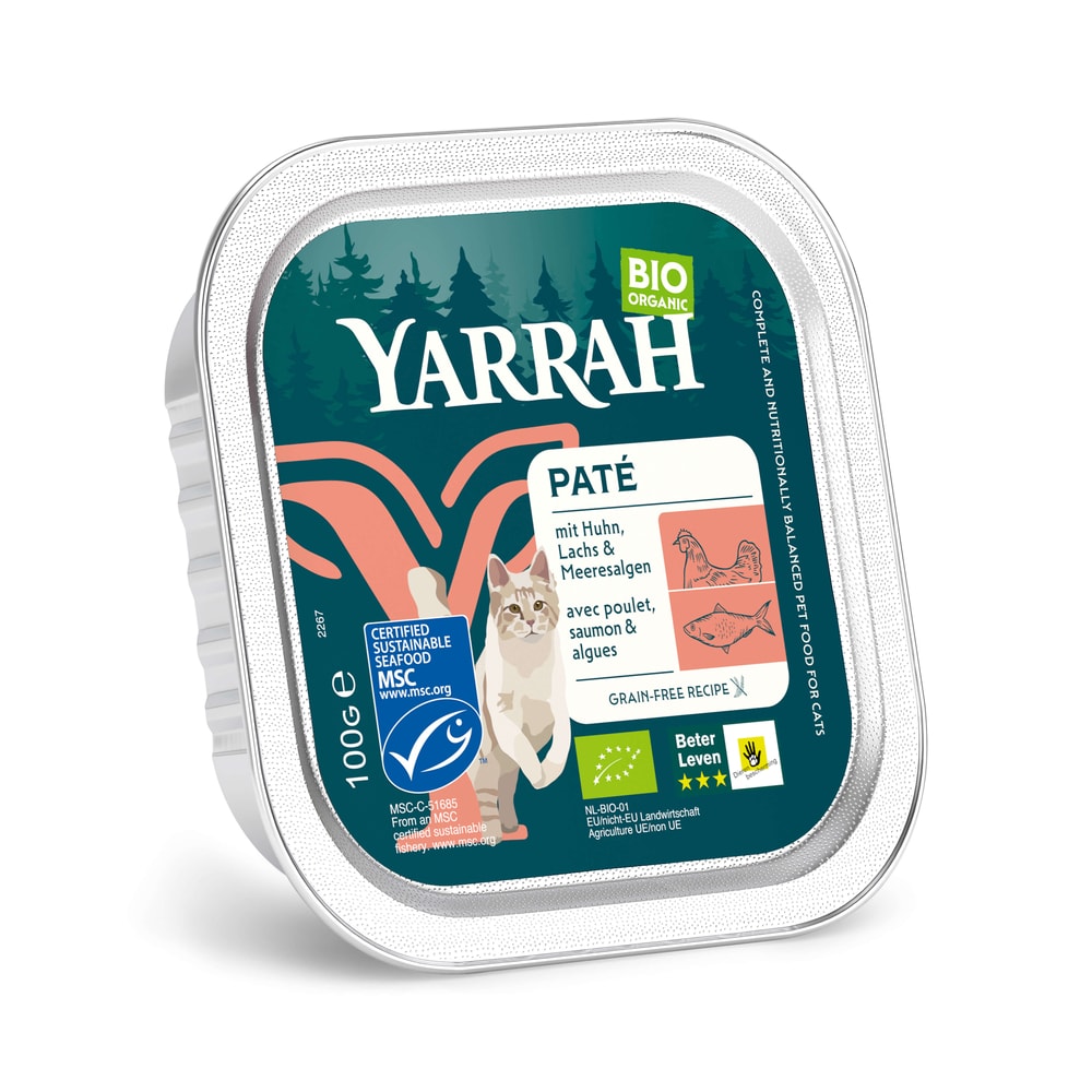 Yarrah BIO Paté 16 x 100 g - Salmón con algas marinas ecológicas - Image 1