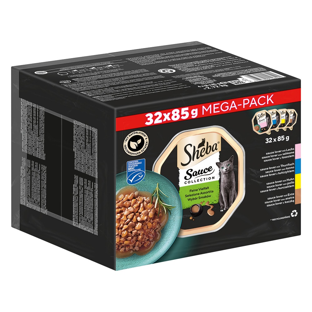 Sheba Multireceta 32 x 85 g en tarrinas comida húmeda para gatos - Sauce Lover (salmón, atún, pollo, pato) - Image 1