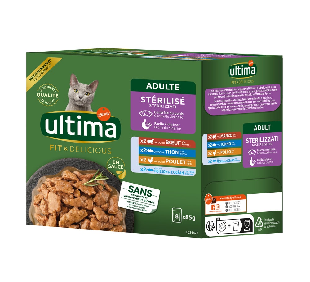Ultima Cat Sterilised 48 x 85 g - Pack Ahorro - Mix II (pollo, vacuno, atún, pescado de mar) - Image 1