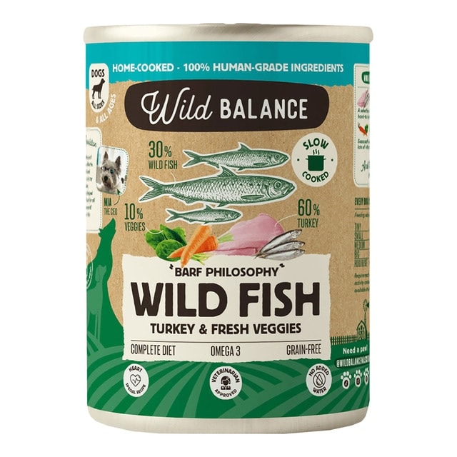 Wild Balance - Comida húmeda para perros adultos Wild Balance barf cocinado al vapor trozos pescado salvaje, pavo y verduras frescas 400 g. - Image 1