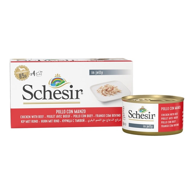 Schesir - Comida húmeda para perros adultos minis Schesir gelatina pollo con buey 4 x 85 g. - Image 1