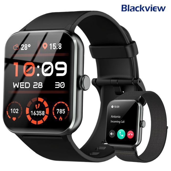 Blackview Montre Connectée Homme Femme Santé Sport, Appel Bluetooth, Suivi Cardio/Sommeil, Étanche IP68,Pédomètre, 2 Bracelets - Image 1