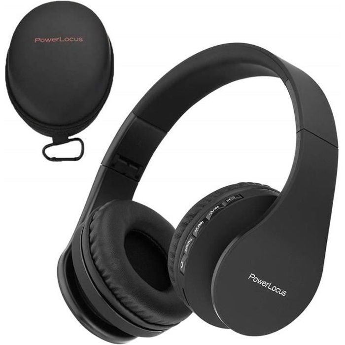 PowerLocus - Casque Bluetooth, Pliable, HD stéréo avec Micro SD/TF pour PC, téléphones, Mac - Noir
