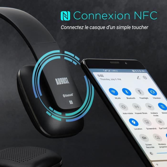 Casque Bluetooth Sans Fil Noir Audio Léger - August EP636 - Micro, NFC, Discret Batterie Autonomie 12h - Supra Auriculaire Aural - Image 1