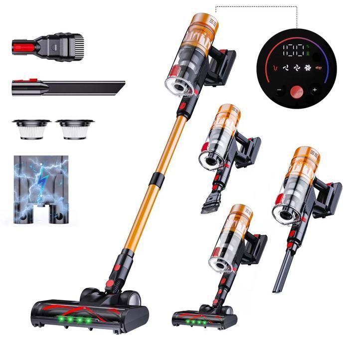 550W/45000Pa Aspirateur Balai sans Fil, 8x2200MAH/50min, Filtration en 5 Etapes, 3Kg Poids Léger, Brosse à Plancher LED Verte - Image 1