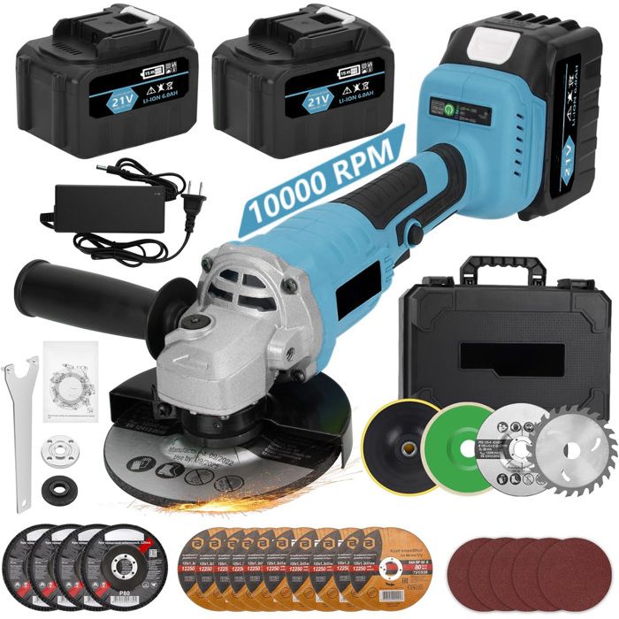 Meuleuse d'angle sans fil 125mm Brushless avec 2 Batteries 3.0Ah + Chargeur, Disqueuse électriques avec 23 Disques Meulage Découpage - Image 1